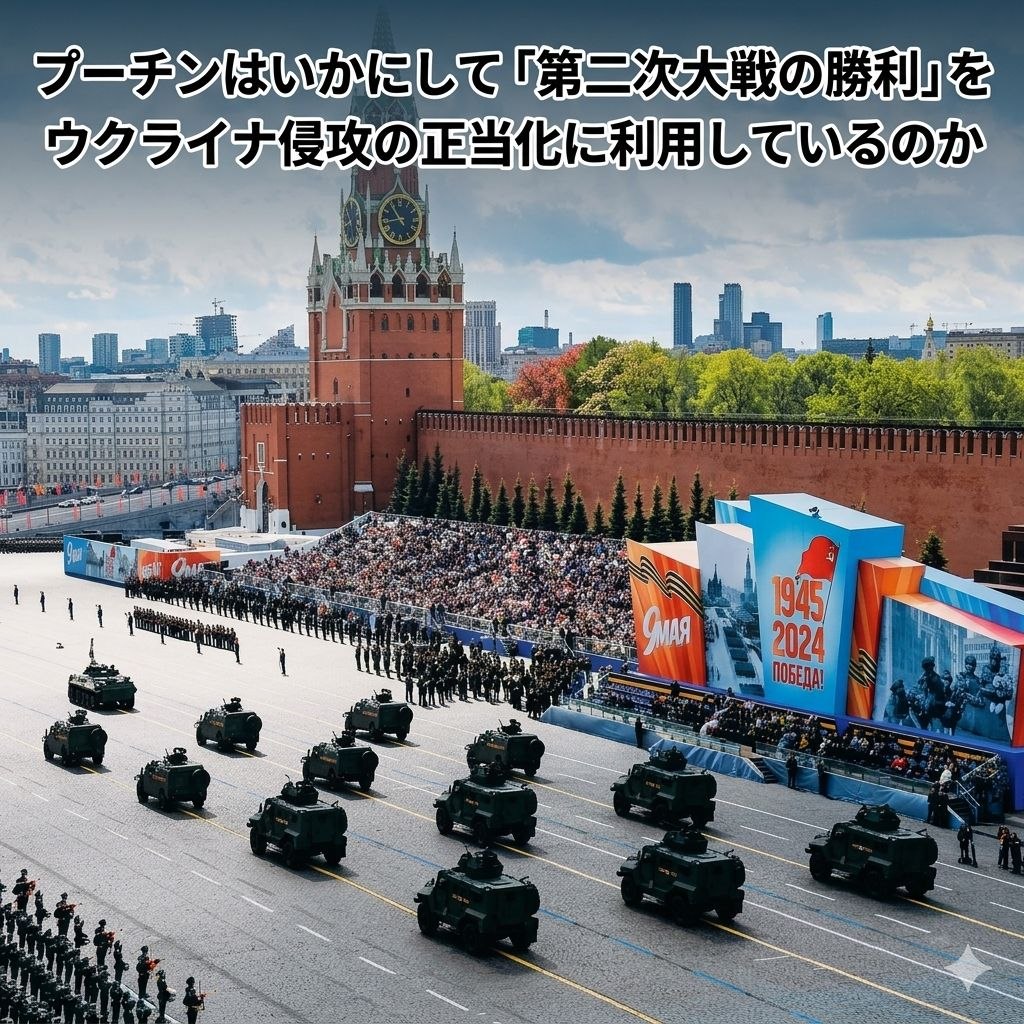 ロシアの勝利の日と戦争正当化についての記事のイラスト